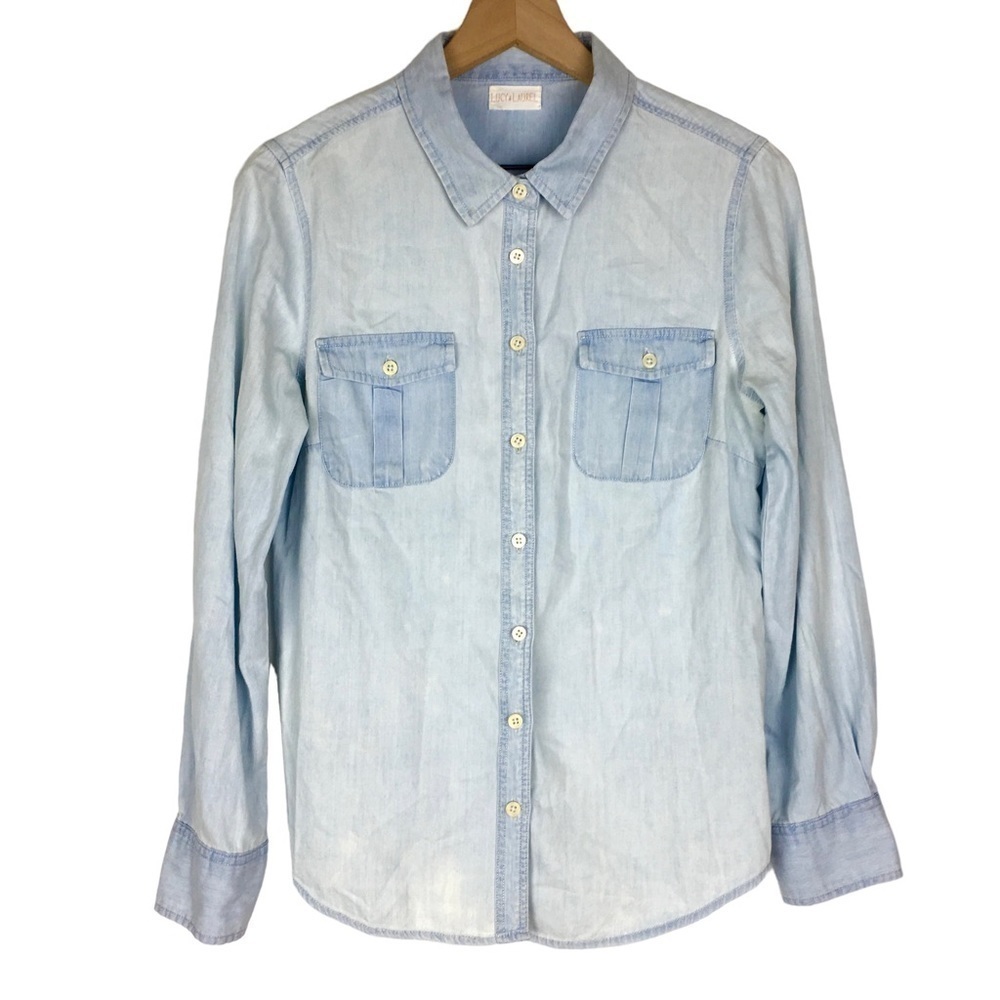 LUCY & LAUREL Chambray Long Sleeve Button Up Shirt Light White Blue Cream